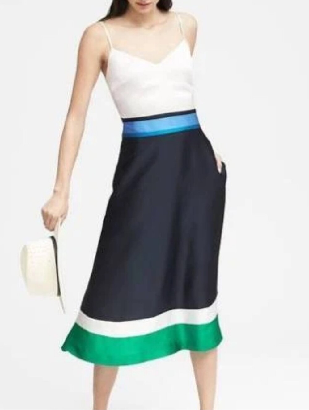 Banana Republic Navy Midi Skirt with Green &White Color Block Size M Midi Dress